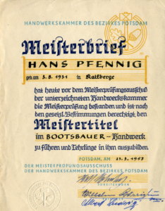 Meisterbrief Hans Pfennig - 1957