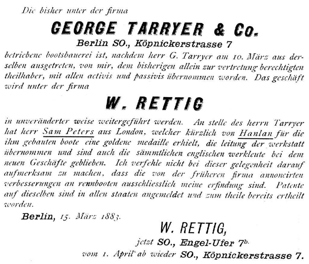 Werbung George Tarryer und Co Übernahme durch W. Rettig1883