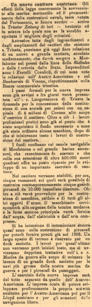 Wiedergabe eines Artikels, der am 31. Januar 1907 im L'Osservatore Triestino veröffentlicht wurde und in dem die Gründung einer Baustelle in Monfalcone durch die Brüder Cosulich – © Biblioteca Civica Attilio Hortis, Triest – angekündigt wird