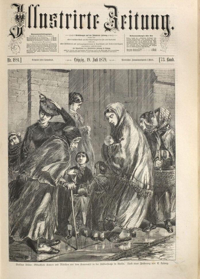 Obdachlose Frauen und Mädchen vor dem Frauenasyl in der Füsilierstr. in Berlin - Illustrierte Zeitung - Titelblatt Juli 1879 - Zeichnung von Ernst Hosang Obdachlose Frauen und Mädchen vor dem Frauenasyl in der Füsilierstr. in Berlin - Illustrierte Zeitung - Titelblatt Juli 1879 - Zeichnung von Ernst Hosang